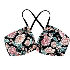 Xhilaration Black Pink Carnation Flower Bandeau Racerback Bikini Top Size Medium
